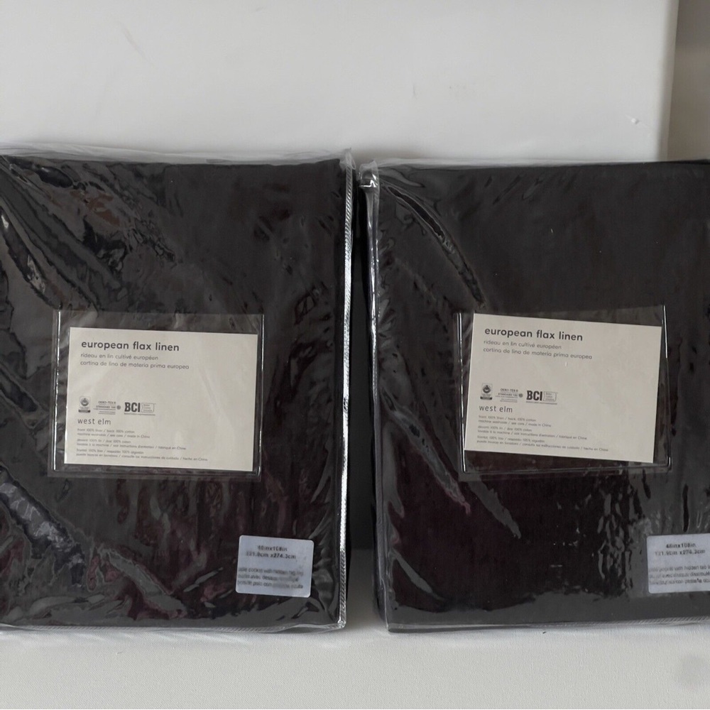 2 West Elm European Flax Linen Black Curtains Drapes Panels 48 x  108  New READ